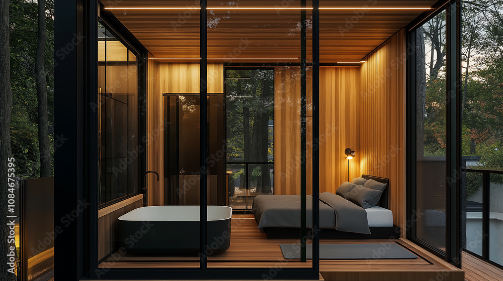 Fototapeta premium Modern, luxurious tiny house glamping in the woods with bathtub and bed