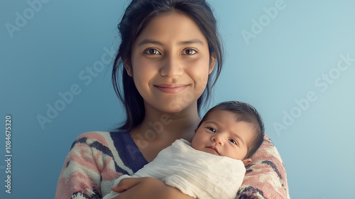 Young mother holding her newborn baby with a blue background