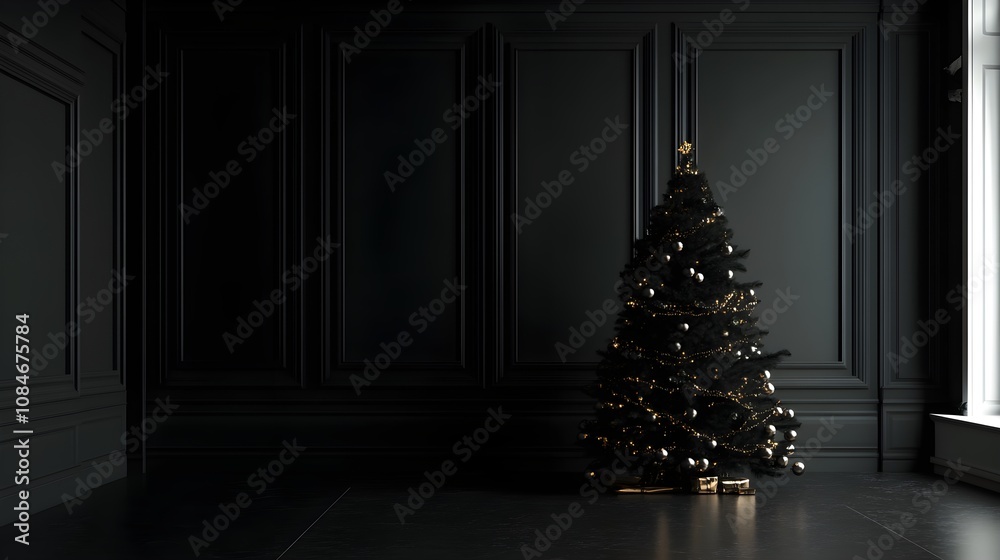 Fototapeta premium Elegant black Christmas tree adorned with golden decorations in a minimalistic dark interior setting, creating a serene and modern holiday atmosphere.