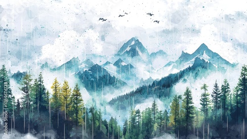 Watercolor Painting of a Mountain Range with a Forest in the Foreground