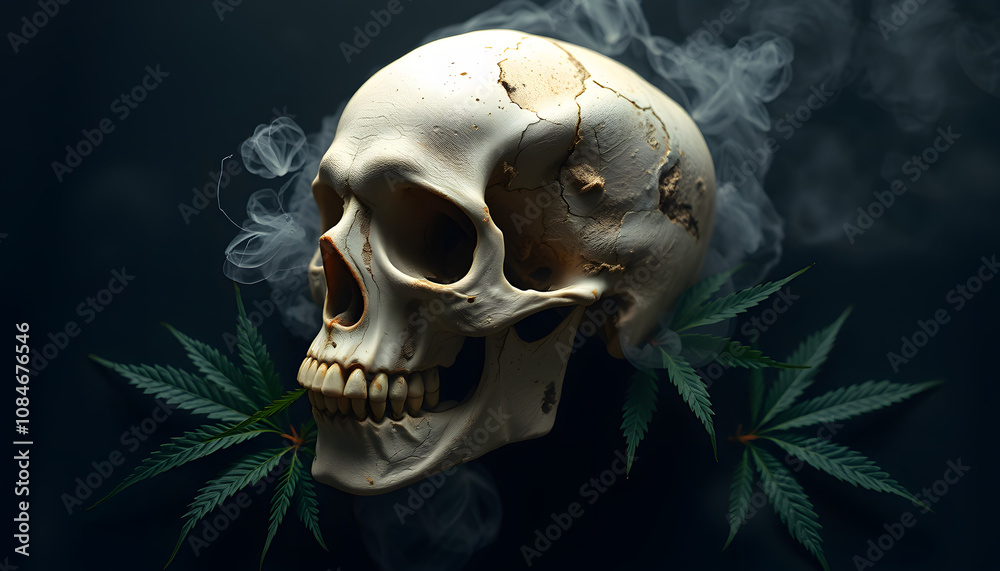 Naklejka premium Human skull with hemp leaves and mist on dark background isolated with white highlights, png