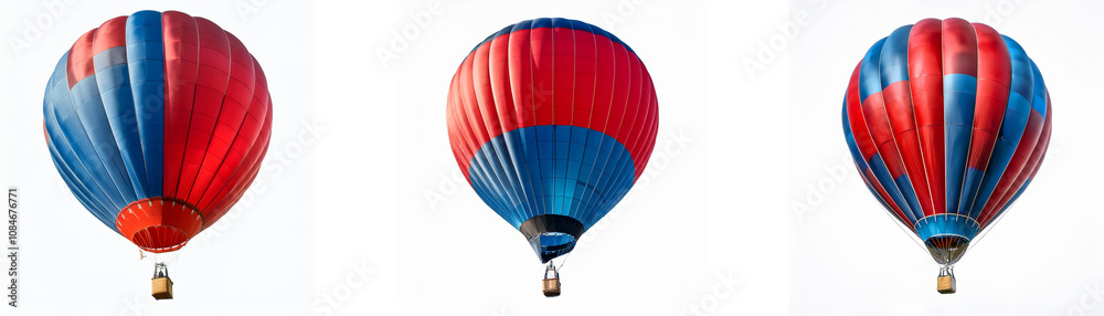 Three red and blue hot air balloons are floating in the sky. Three red and blue hot air balloons are floating in the sky.