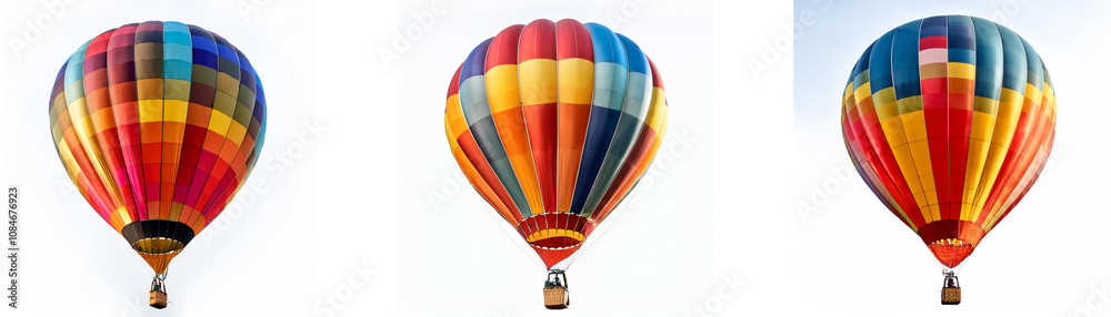 Obraz premium Three brightly colored hot air balloons against a white background.