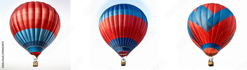 Fototapeta premium Three hot air balloons, red and blue, are positioned against a white background.