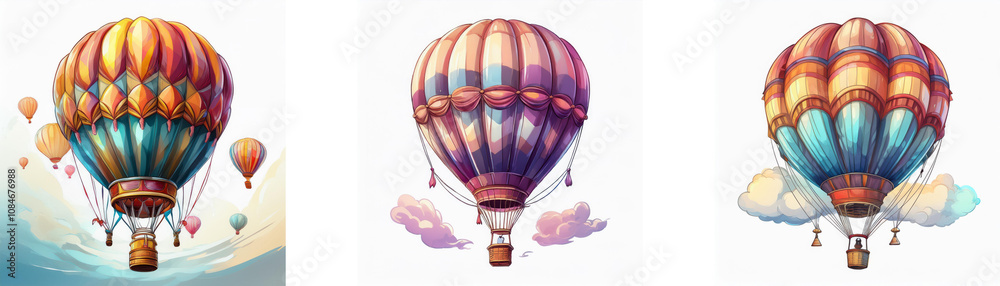Fototapeta premium Three colorful hot air balloons float against a white background.