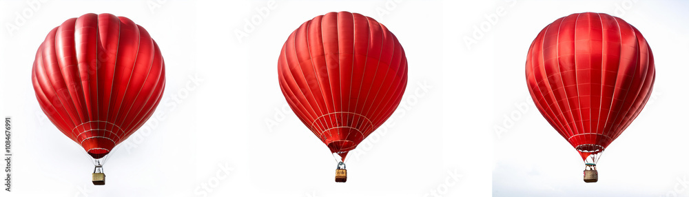 Fototapeta premium Three red hot air balloons with white baskets are evenly spaced and against a white background.
