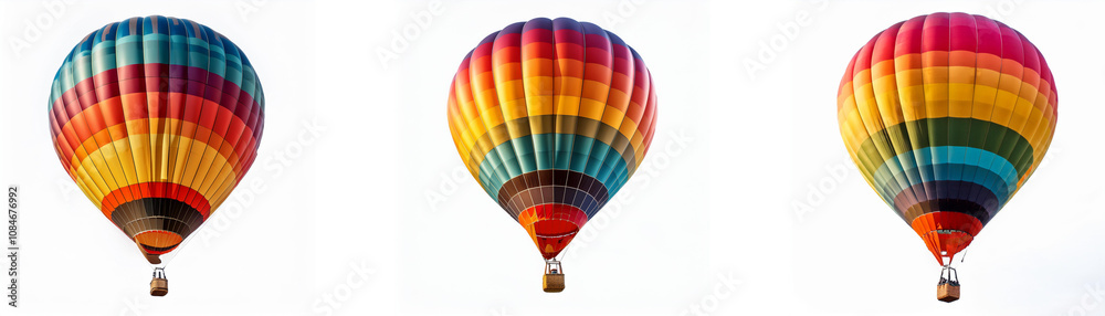 Fototapeta premium Three vibrant hot air balloons with rainbow stripes float against a white background.