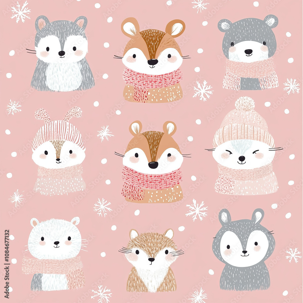 Cute winter animals in scarves and hats, snowflakes seamless pattern in pastel colors Cute winter animals in scarves and hats, snowflakes seamless pattern in pastel colors
