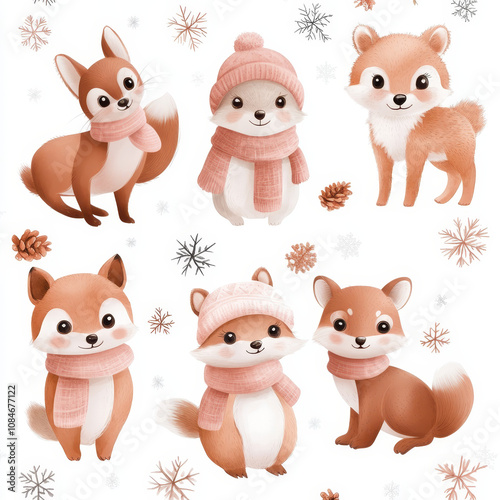 Cute winter animals in scarves and hats, snowflakes seamless pattern in pastel colors  photo