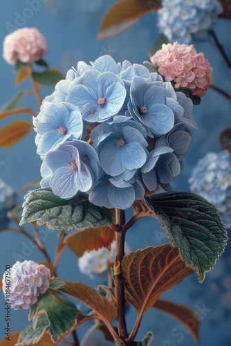 Stunning Blue Hydrangea Blooms with Soft Pastel Pink Accents, Creating a Lovely Display