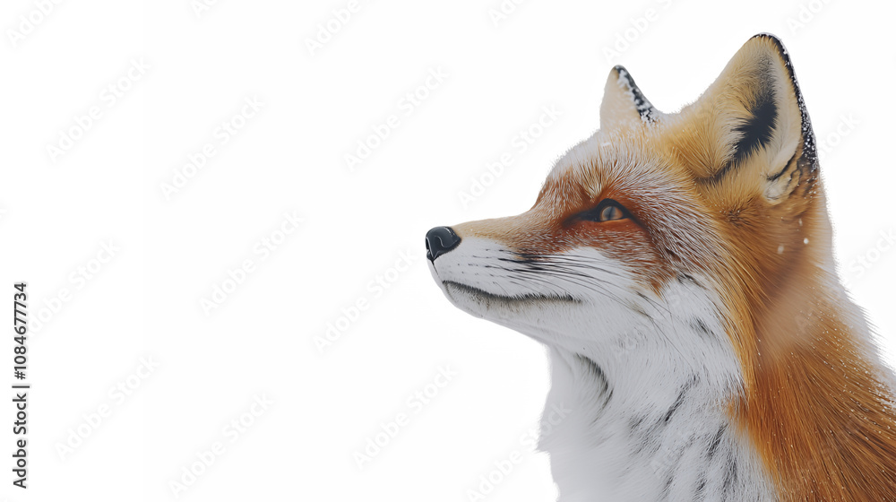 Obraz premium Red fox, side profile, white background, detailed fur, realistic, high contrast, minimalist composition, wildlife portrait, noble expression, sharp focus, studio lighting