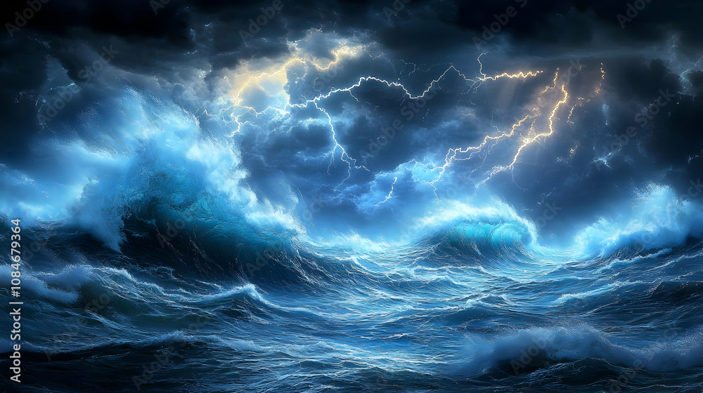 Ocean Storm Illustration - Dramatic Lightning and Waves Ocean Storm Illustration - Dramatic Lightning and Waves