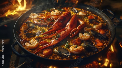 Traditional spanish paella with seafood and chicken. seafood. Ultra realistic. Photorealistic hypermaximalist advertising photography hyper realistic fine detail