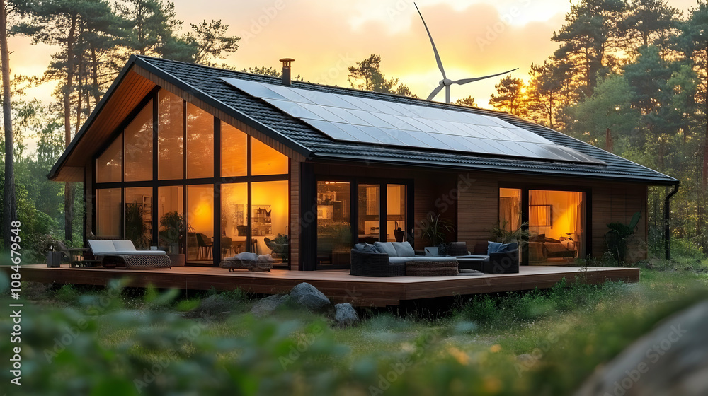 Modern Home with Solar Panels and Wind Turbine - Photo Modern Home with Solar Panels and Wind Turbine - Photo
