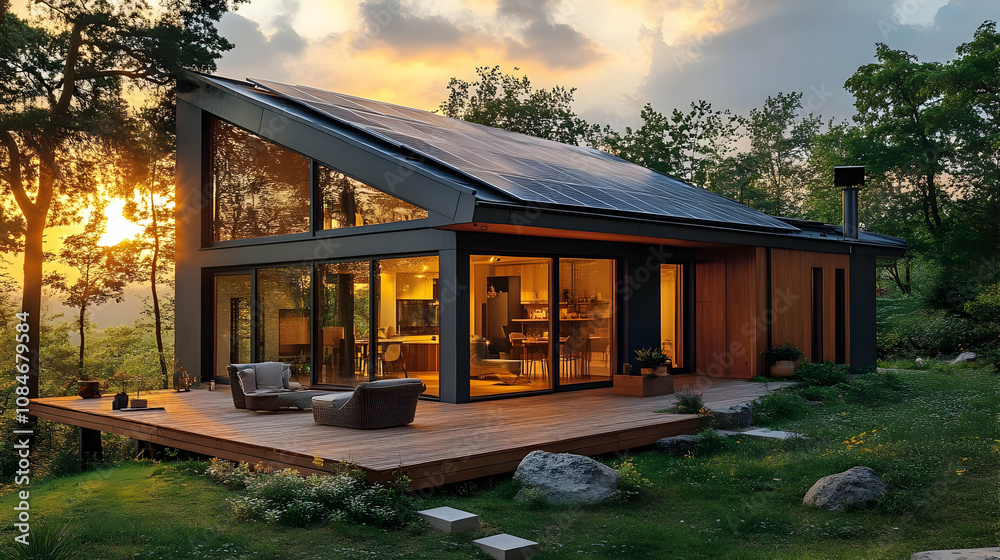 Modern House with Large Windows and Deck - Illustration Modern House with Large Windows and Deck - Illustration