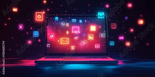 A Modern Laptop Displays Vibrant Digital Icons, Showcasing Various Applications and Functionalities in a Visually Striking Environment During a Nighttime Setting