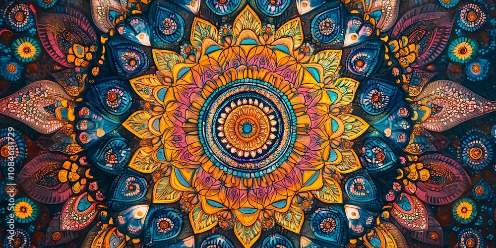 Intricate Mandala Design Featuring Vibrant Colors and Detailed Patterns, Showcasing Floral and Geometric Elements With Deep Blues, Oranges, and Yellows Intricate Mandala Design Featuring Vibrant Colors and Detailed Patterns, Showcasing Floral and Geometric Elements With Deep Blues, Oranges, and Yellows
