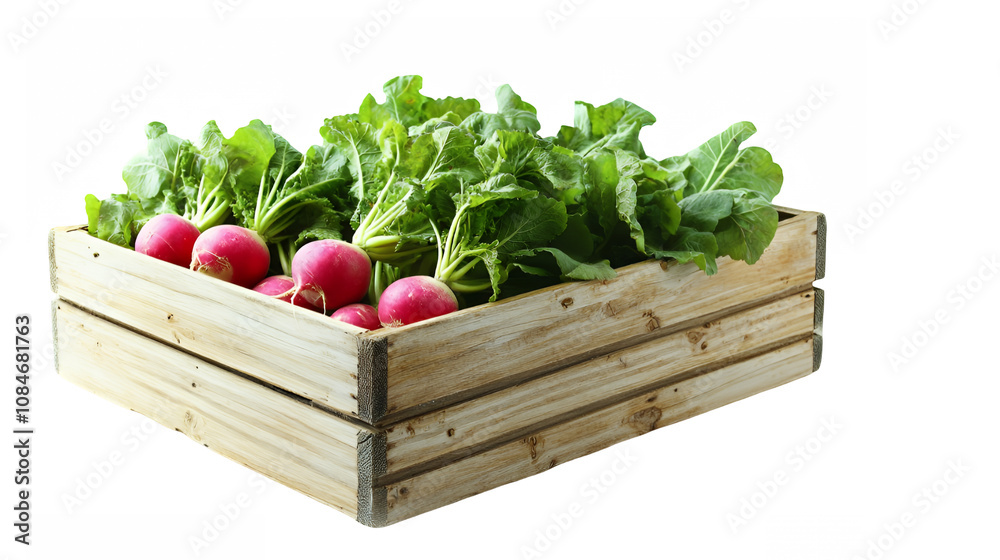 Wooden crate, fresh radishes, green leafy tops, crisp vegetables, rustic farm produce, natural lighting, white background, healthy organic food, vibrant red and green colors, close-up photography Wooden crate, fresh radishes, green leafy tops, crisp vegetables, rustic farm produce, natural lighting, white background, healthy organic food, vibrant red and green colors, close-up photography