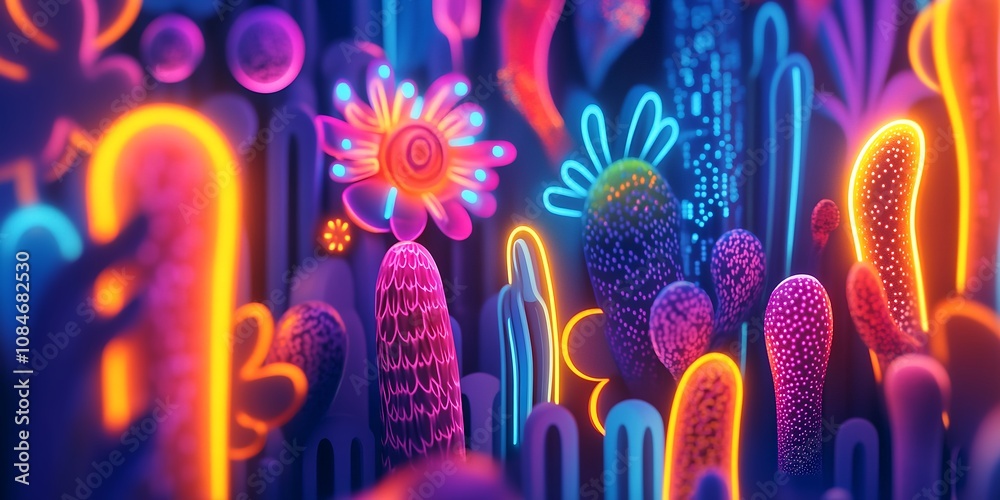 Obraz premium Vivid Neon Cacti and Flowers Illuminate a Vibrant and Colorful Desert Landscape During a Lively Nighttime Festival Atmosphere in an Abstract Display