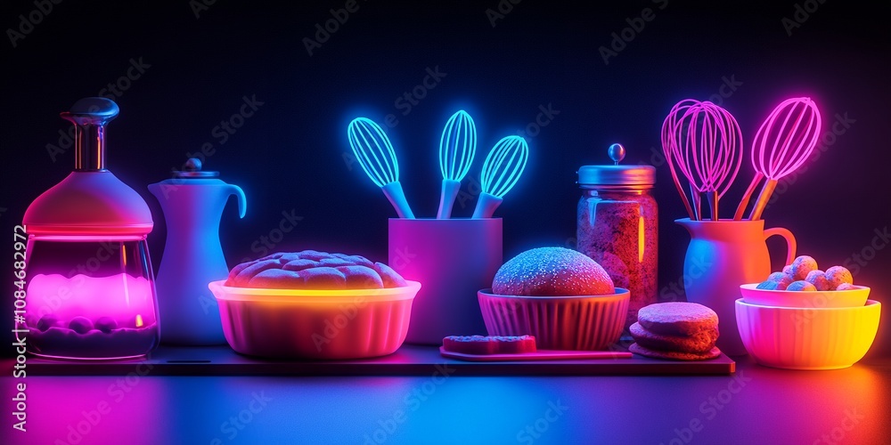 Colorful Kitchen Setup Featuring Glowing Utensils, Desserts, and Beverages Under Neon Lighting at Night Colorful Kitchen Setup Featuring Glowing Utensils, Desserts, and Beverages Under Neon Lighting at Night