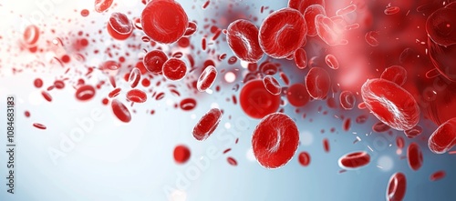 flowing blood cells on white background, medical concept, hyperrealistic, high detail, macro, biology, science photo