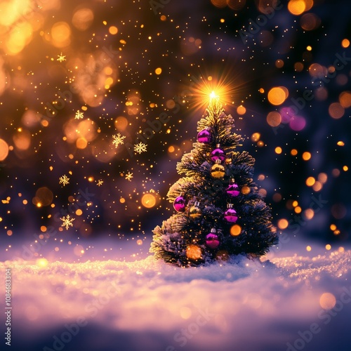 a small tiny christmas tree in a snowy forest, the light shines bright through the tree, nowflakes float gently through the air, winter air, sunlight, Golden bokeh - Generative AI photo