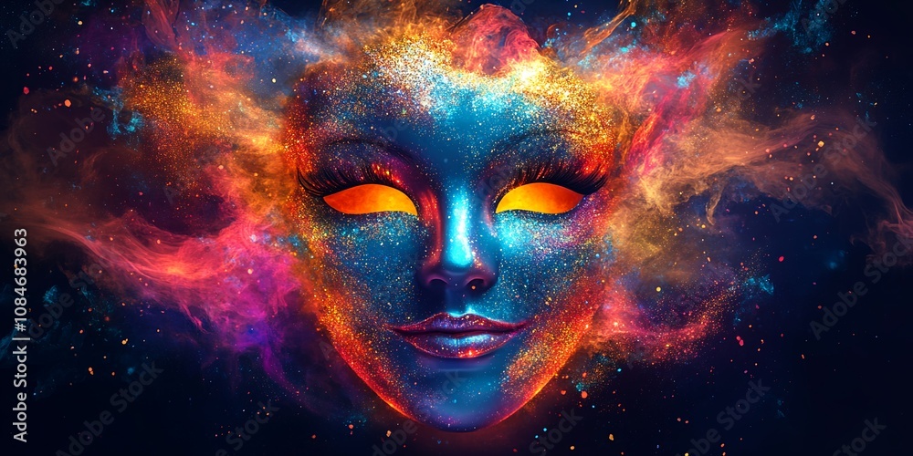 A Vibrant Cosmic Face With Shimmering Colors and Starry Effects, Set Against a Dark Background, Captures the Essence of Artistic Expression and Celestial Beauty A Vibrant Cosmic Face With Shimmering Colors and Starry Effects, Set Against a Dark Background, Captures the Essence of Artistic Expression and Celestial Beauty