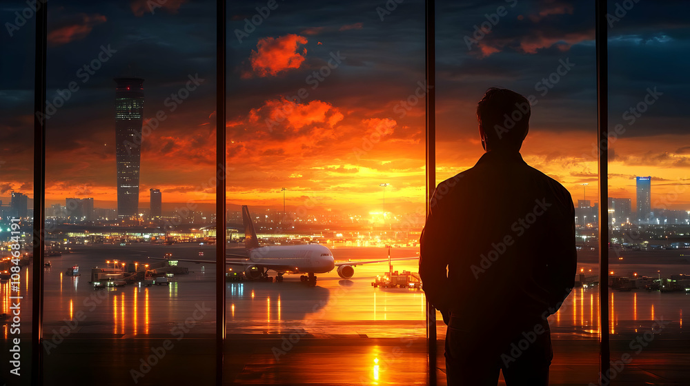 Silhouette of Man at Airport Window with Sunset Silhouette of Man at Airport Window with Sunset