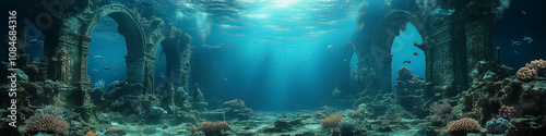 Serene underwater ruins showcasing vibrant marine life, perfect for wall art, posters, and aquatic-themed decorations, highlighting ocean exploration and life.
