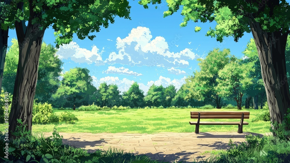 A solitary wooden bench in a park with a lush green lawn and a bright blue sky with fluffy clouds. A solitary wooden bench in a park with a lush green lawn and a bright blue sky with fluffy clouds.