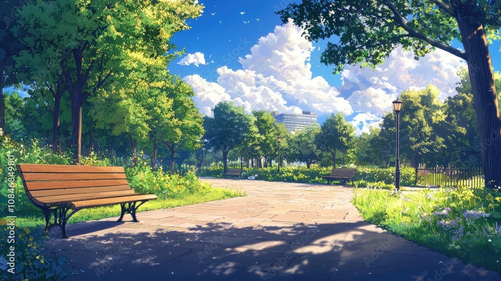 A Wooden Bench in a Sunlit Park with a Brick Path A Wooden Bench in a Sunlit Park with a Brick Path
