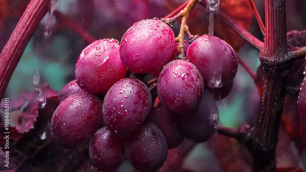 Close-up view of a bunch of dark red grapes on a vine