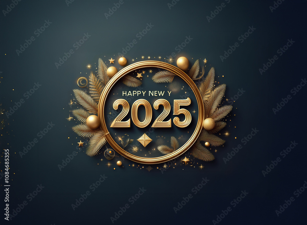 Fototapeta premium A golden circle with the number 2025 inside, surrounded by leaves, stars, and spheres on a dark blue background.