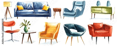 Hand-drawn watercolor sketch of mid-century modern living room furniture. A stylish collection.