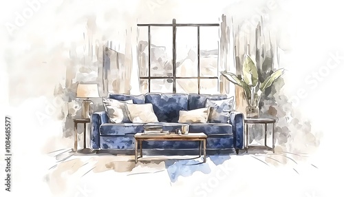 Hand-drawn watercolor sketch of living room furniture. A stylish logo design for interior decoration.