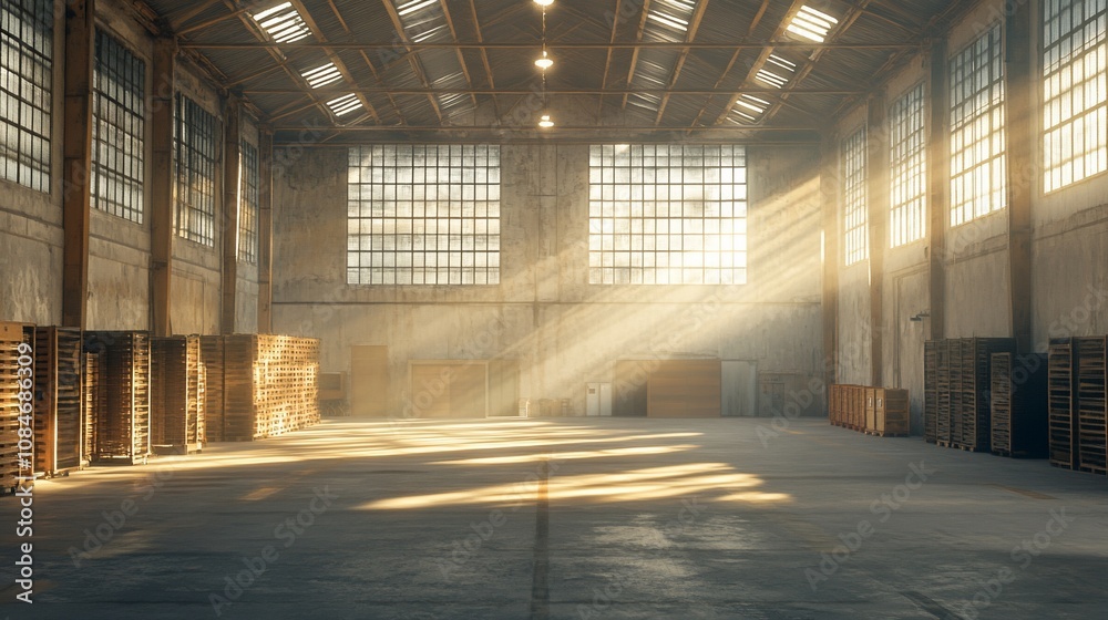 Sunbeams illuminate a large, empty warehouse with high ceilings and concrete floor. Sunbeams illuminate a large, empty warehouse with high ceilings and concrete floor.
