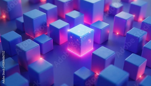 Glowing Cube in a Field of Blue Cubes, Abstract 3D Technology Concept.