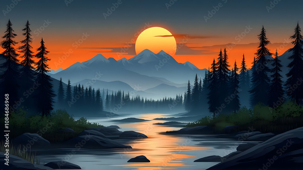 Sunset Mountain River Illustration Sunset Mountain River Illustration