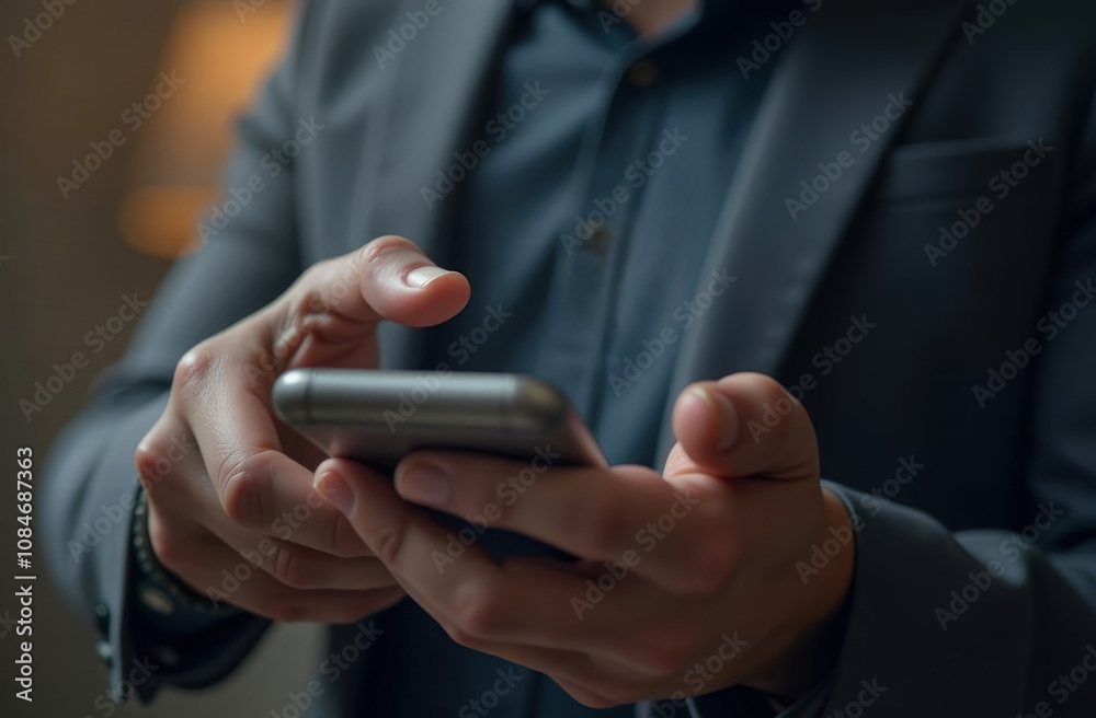Businessman in suit holding modern smartphone device in hands and touching screen. Businessman in suit holding modern smartphone device in hands and touching screen.