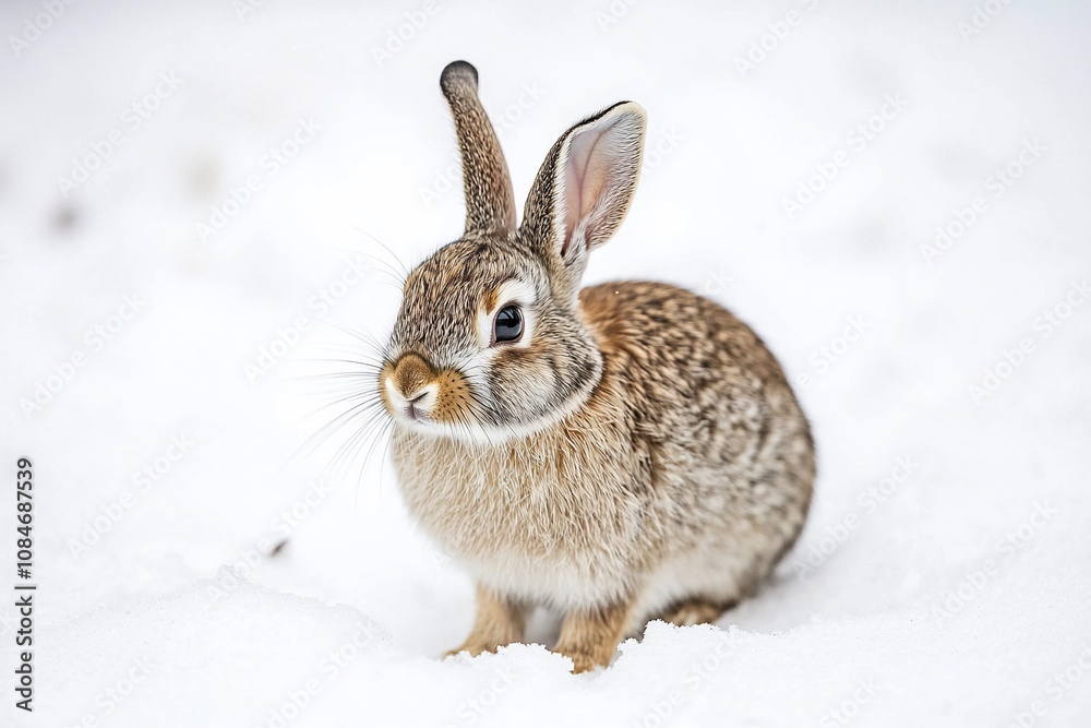 A Cute Rabbit Sitting in Fresh Snow: Nature's Winter Wonder
