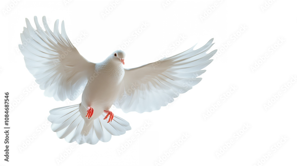 Fototapeta premium white dove in flight, wings fully spread, graceful pose, soft feathers, peaceful expression, ethereal lighting, heavenly glow, pale blue background, symbol of peace, spiritual imagery