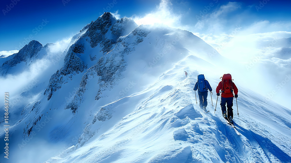 Snowy Mountain Peak with Skiers - Realistic Image Snowy Mountain Peak with Skiers - Realistic Image