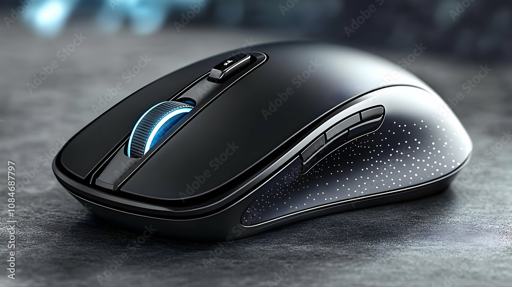 Black Wireless Computer Mouse on a Gray Surface - Realistic Image Black Wireless Computer Mouse on a Gray Surface - Realistic Image