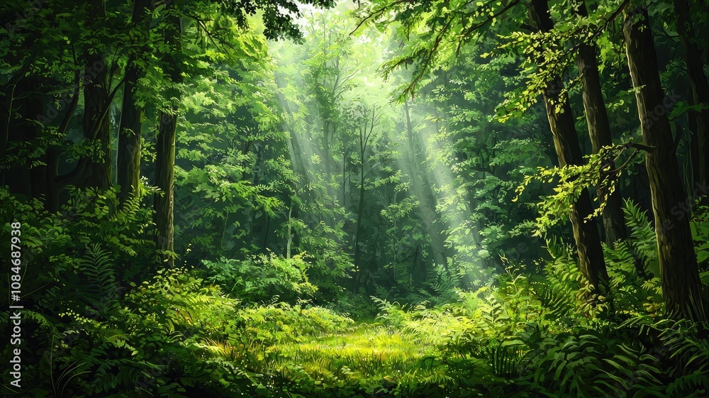 Obraz premium Sunbeams Filtering Through Dense Green Forest Canopy