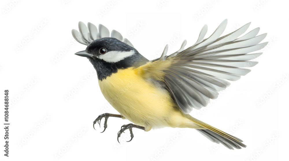 Obraz premium colorful songbird in flight, dynamic pose, spread wings, yellow breast, black cap, white cheek, detailed feathers, motion blur, naturalistic painting style, ornithological illustration.