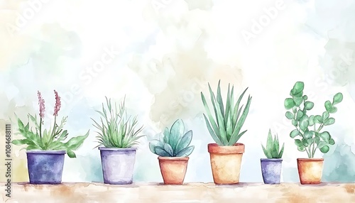 Wallpaper Mural Hand-painted watercolor illustration of different indoor and outdoor plants in pots. Perfect for invitations, cards, prints, and posters. Torontodigital.ca