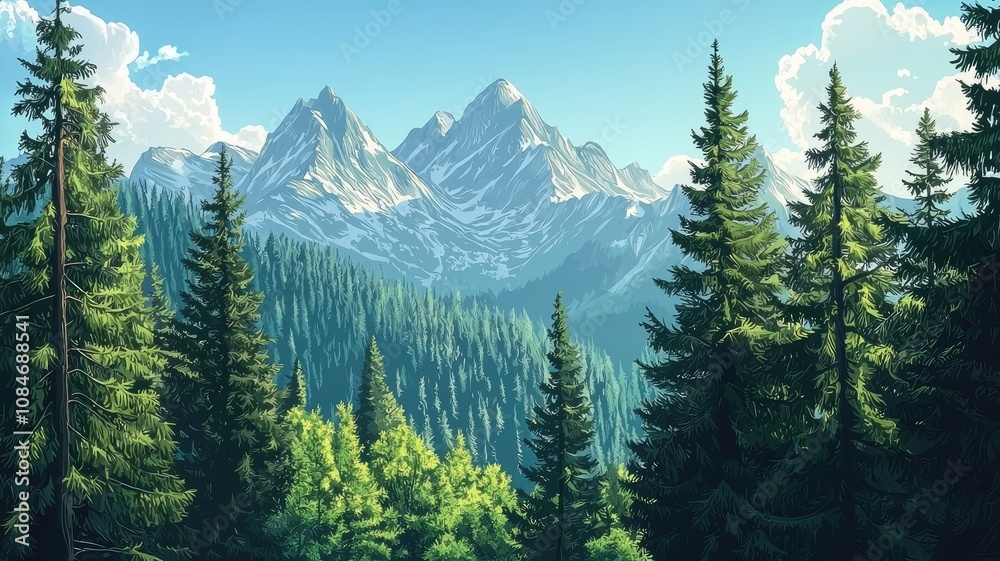 Fototapeta premium Majestic Snow-Capped Mountains Viewed From A Lush Pine Forest