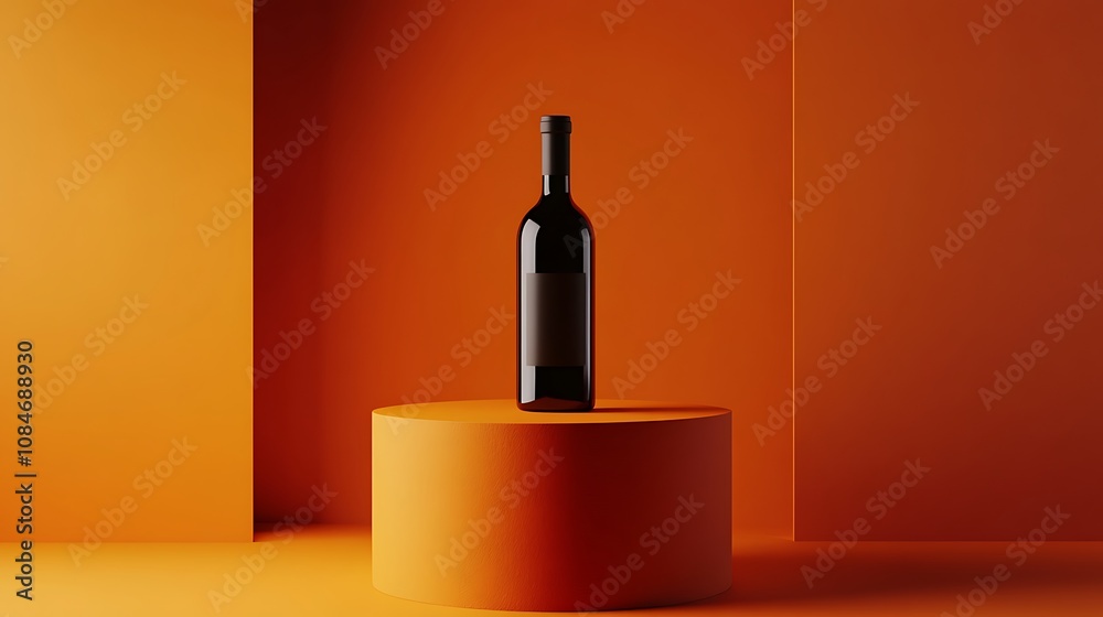 a bottle of wine on a vibrant orange podium, Product advertisement concept a bottle of wine on a vibrant orange podium, Product advertisement concept