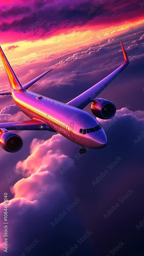 A large passenger airplane soars through the sky at sunset