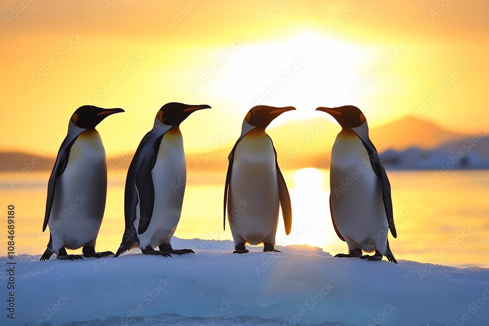 Fototapeta premium Majestic Penguins Against a Golden Sunrise on the Ice